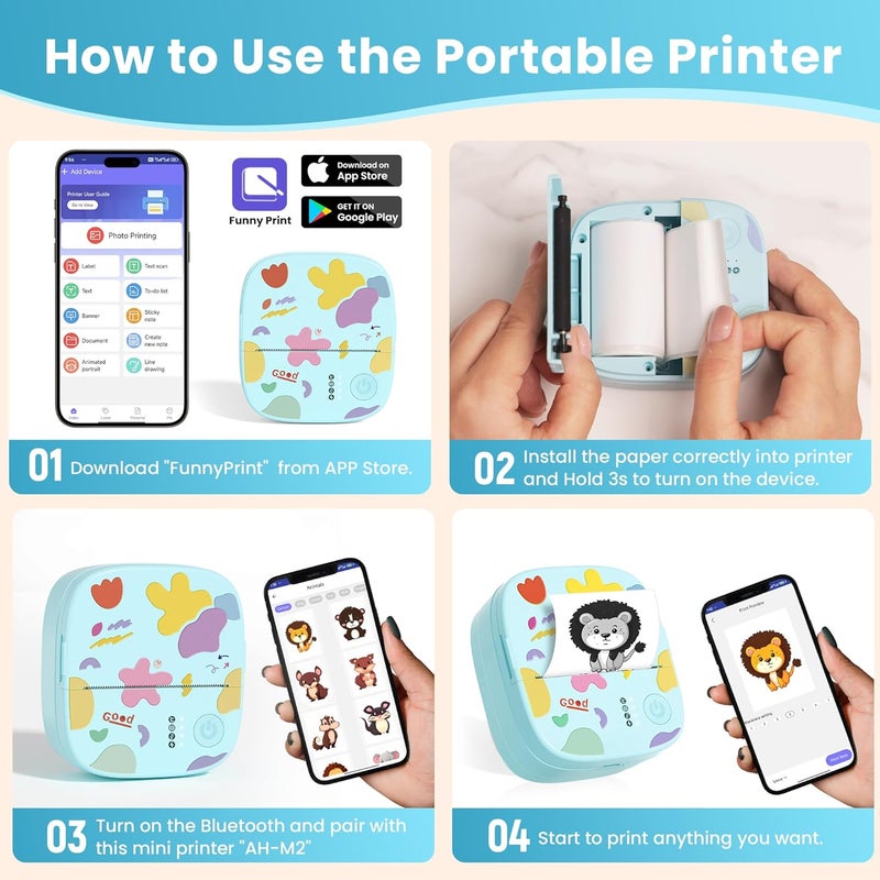 XenGro Printer Portable Thermal Sticker Maker, Mini Thermal Printer with 3 Rolls Paper, Bluetooth Inkless Print Pod, Pocket Label Maker Suitable for Creative DIY, Diaries, Photos, Study Notes (Blue) - Image 3