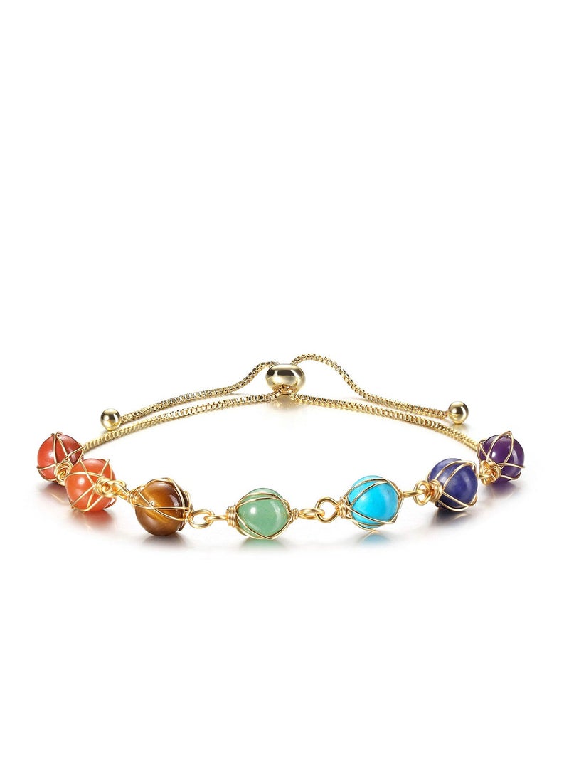 Excefore Chakra Bracelets for Women, 8mm Yoga Beaded Bracelets for Boys Girls, Mens Adjustable 7 Chakras Crystals and Healing Stones Bracelets, 14K Gold Wire Wrapped - Image 1