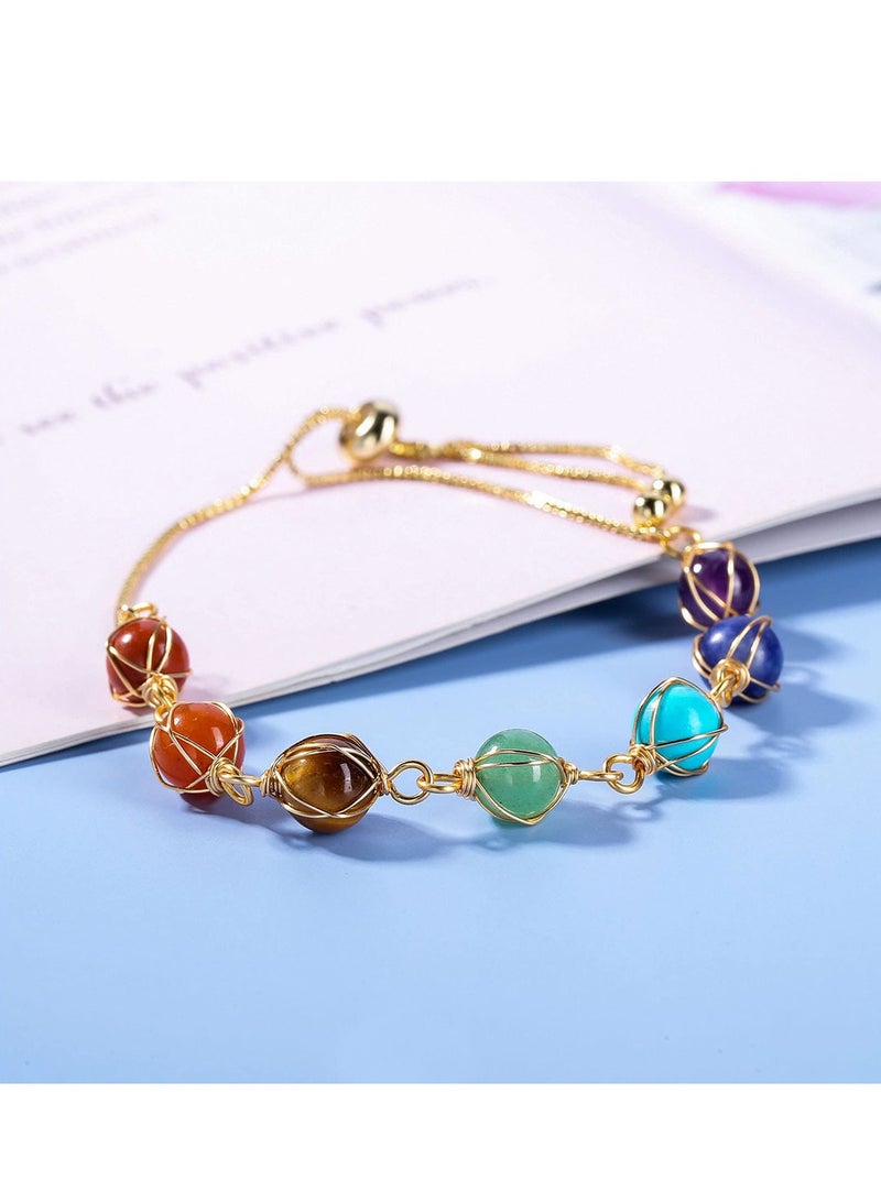 Excefore Chakra Bracelets for Women, 8mm Yoga Beaded Bracelets for Boys Girls, Mens Adjustable 7 Chakras Crystals and Healing Stones Bracelets, 14K Gold Wire Wrapped - Image 5