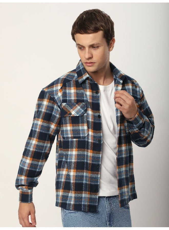 Beyoung Navy Blue Recycled Check Flannel Shirt - Image 1