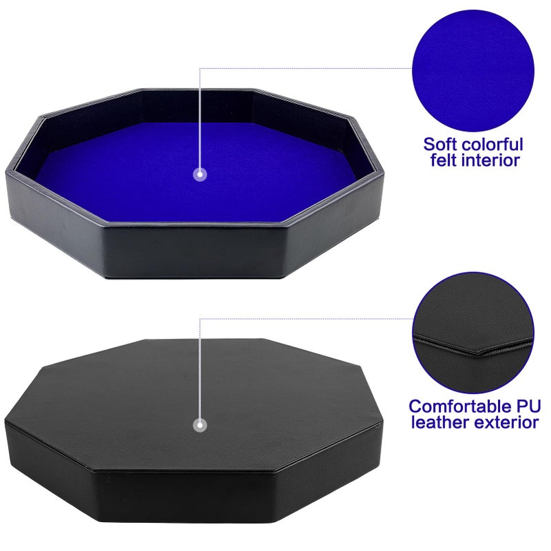 RERIVER Dice Rolling Tray, Blue Felt Lined PU Leather Octagon Dice Tray for Dungeon Crawler Games - Image 2