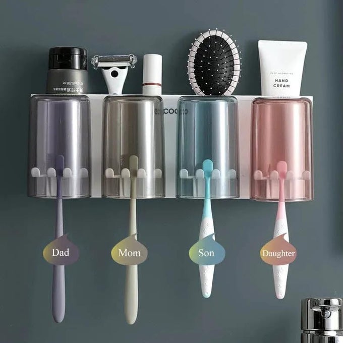 ECOFRIENDLY WALL MOUNTED BATHROOM SHELF 12 BRUSH SLOTS TOOTHBRUSH HOLDER AND STORAGE CUP HOLDER PLASTIC MULTICOLOR BATHROOM ORGANIZER FOR FAMILY SPACE SAVING AND DRY DESIGN4 CUP