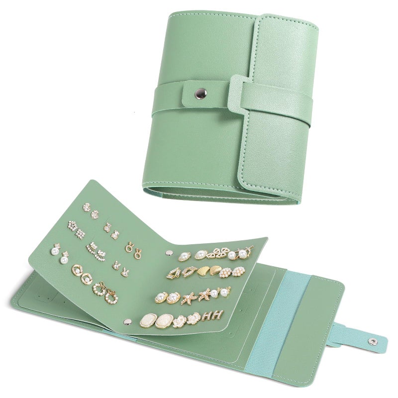 Hatori Earring Holder Organizer with Foldable Book Design Stud Book Organizer, Portable Pu Leather Travel Earring Case, Travel Jewelry Organizer Case for Mother Women Girls Gift, Green - Image 1