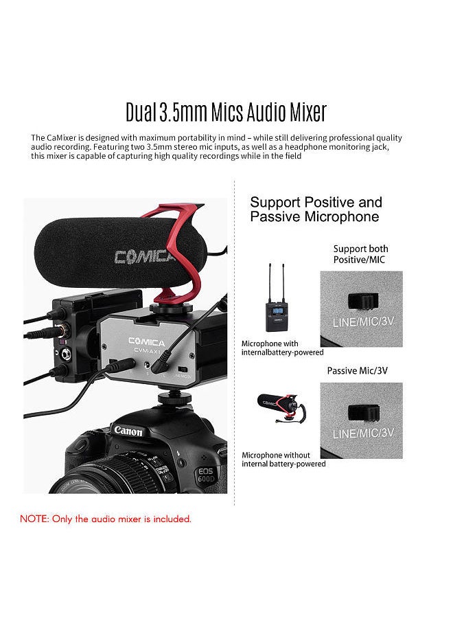 COMICA CoMica CVM-AX1 Audio Mixer Adapter Universal Dual Channel 3.5mm Port Mixer Support Real-time Monitoring Mono/Stereo Output Switch for DSLR Camera Camcorder for 3.5mm Positive & Passive Microphone  - Image 3