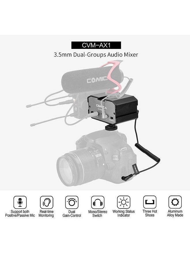 COMICA CoMica CVM-AX1 Audio Mixer Adapter Universal Dual Channel 3.5mm Port Mixer Support Real-time Monitoring Mono/Stereo Output Switch for DSLR Camera Camcorder for 3.5mm Positive & Passive Microphone  - Image 4