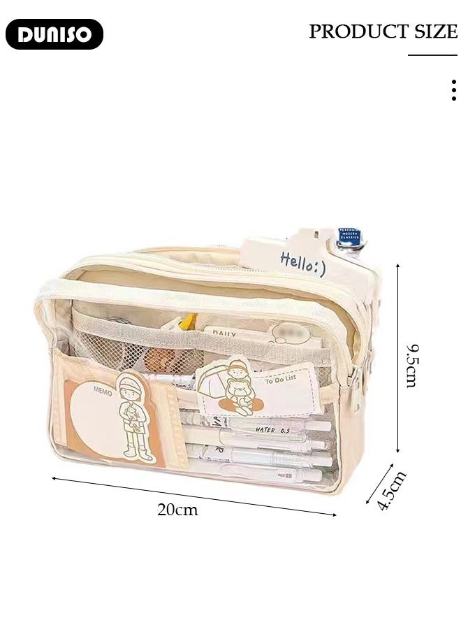 DUNISO 5 Compartment Large Capacity Pencil Case，Simple Durable Multifunctional Clear Pen Bag,Fashion Portable Beige Versatile Transparent Pencil Painting Storage Pouch with Zipper,Mesh Compartment for School Kids Teen,Suitable for Office College School Gift  - Image 4