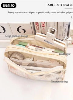 DUNISO 5 Compartment Large Capacity Pencil Case，Simple Durable Multifunctional Clear Pen Bag,Fashion Portable Beige Versatile Transparent Pencil Painting Storage Pouch with Zipper,Mesh Compartment for School Kids Teen,Suitable for Office College School Gift  - Image 2