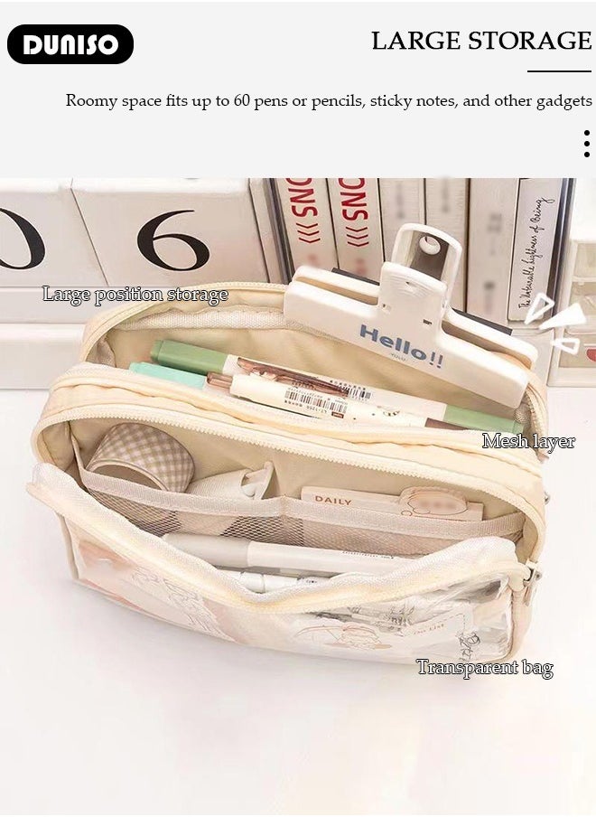 DUNISO 5 Compartment Large Capacity Pencil Case，Simple Durable Multifunctional Clear Pen Bag,Fashion Portable Beige Versatile Transparent Pencil Painting Storage Pouch with Zipper,Mesh Compartment for School Kids Teen,Suitable for Office College School Gift  - Image 2