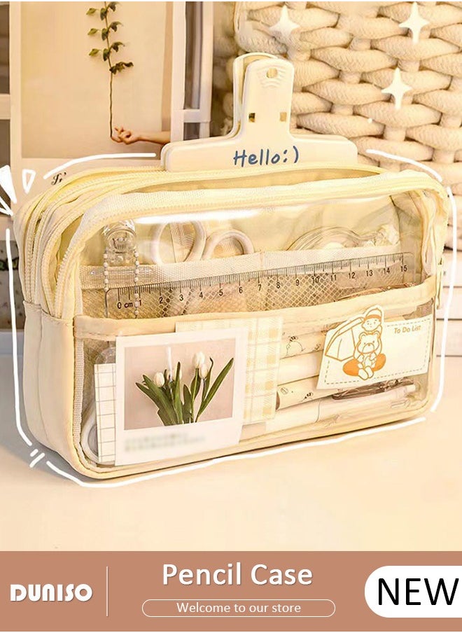 DUNISO 5 Compartment Large Capacity Pencil Case，Simple Durable Multifunctional Clear Pen Bag,Fashion Portable Beige Versatile Transparent Pencil Painting Storage Pouch with Zipper,Mesh Compartment for School Kids Teen,Suitable for Office College School Gift  - Image 1