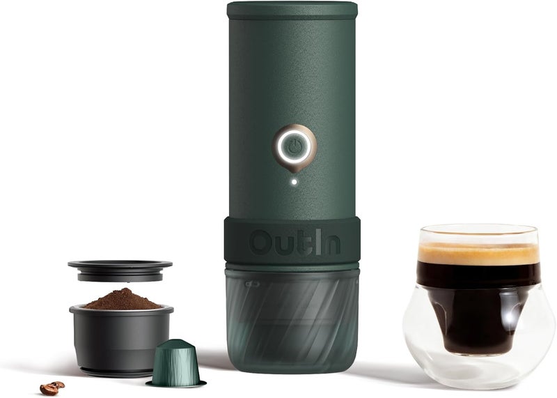OutIn Mino Portable Electric Espresso Machine, Mini Camping Coffee Maker for Travel, Pocket Sized Coffee Machine Self-Heating, Ground Coffee & NS Capsule Adapter For Adventure - Image 1