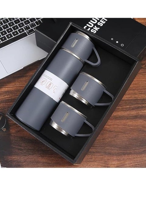 Thermos Set (Bottle and 2 Cups with the possibility of using the lid as a third cup) Made of double-layer stainless steel with a vacuum flask, travel and trip bottle, capacity 500 ml (Grey)
