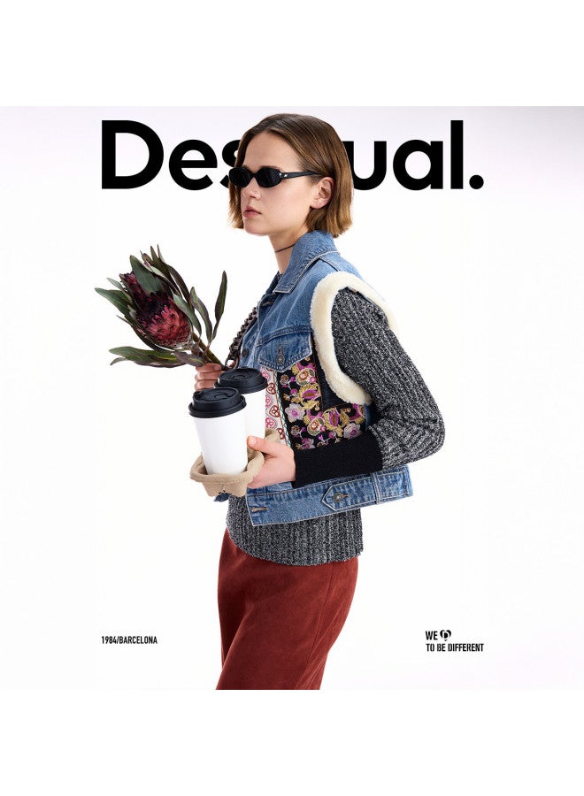 DESIGUAL 25 Autumn/Winter New Collection Denim Embroidered Patchwork Lamb Wool Sleeveless Vest Jacket - Image 2