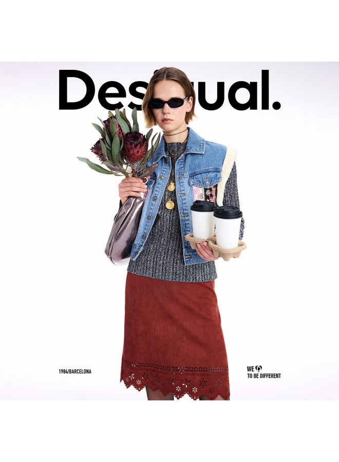 DESIGUAL 25 Autumn/Winter New Collection Denim Embroidered Patchwork Lamb Wool Sleeveless Vest Jacket - Image 5