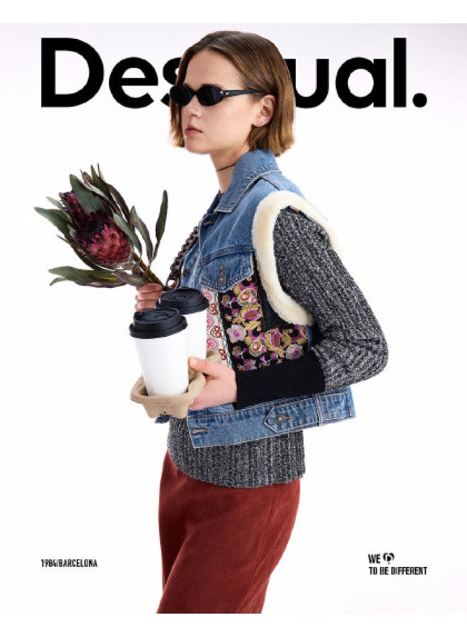 DESIGUAL 25 Autumn/Winter New Collection Denim Embroidered Patchwork Lamb Wool Sleeveless Vest Jacket - Image 1