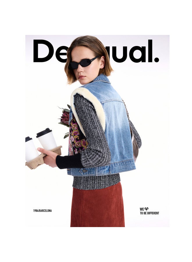 DESIGUAL 25 Autumn/Winter New Collection Denim Embroidered Patchwork Lamb Wool Sleeveless Vest Jacket - Image 4