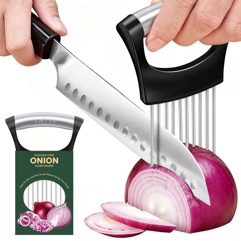 CNTVO Onion Holder for Slicing, Stainless Steel Onion Slicer, Onions Slicer Holder with Protective Cover, Multi-Use Vegetable Chopper for Onions Tomatoes Avocados Potato Eggs Kiwifruit Meat Lemon - Image 1