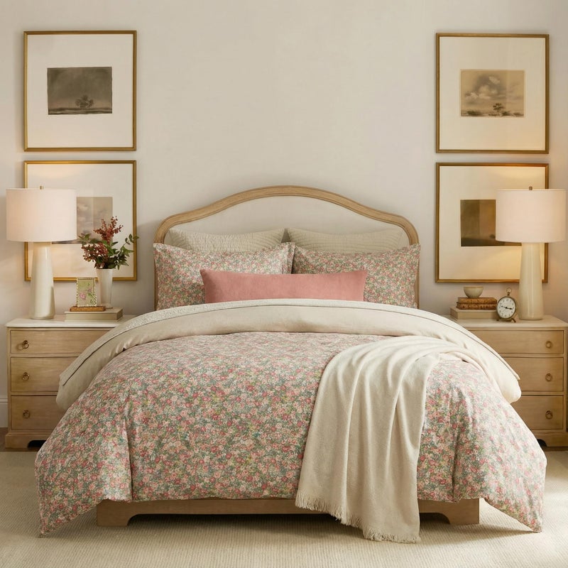 Bedding_Dreamer طقم مفروشات سرير Bedding_Dreamer Ditsy Floral مكون من 3 قطع، غطاء لحاف قطني 100% مع أربطة زاوية وإغلاق بسحاب - أزهار صغيرة باللون الوردي والأخضر الزيتوني، بنمط ريفي فرنسي أنيق - Image 1