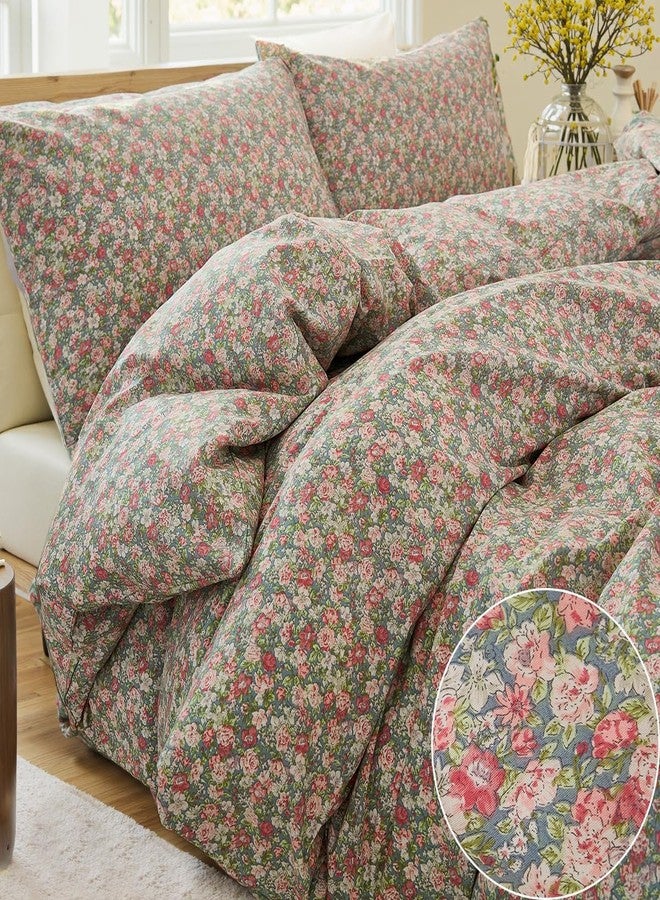 Bedding_Dreamer طقم مفروشات سرير Bedding_Dreamer Ditsy Floral مكون من 3 قطع، غطاء لحاف قطني 100% مع أربطة زاوية وإغلاق بسحاب - أزهار صغيرة باللون الوردي والأخضر الزيتوني، بنمط ريفي فرنسي أنيق - Image 4