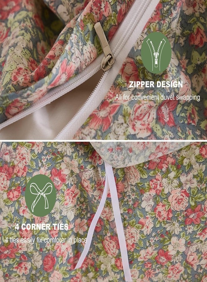 Bedding_Dreamer طقم مفروشات سرير Bedding_Dreamer Ditsy Floral مكون من 3 قطع، غطاء لحاف قطني 100% مع أربطة زاوية وإغلاق بسحاب - أزهار صغيرة باللون الوردي والأخضر الزيتوني، بنمط ريفي فرنسي أنيق - Image 3