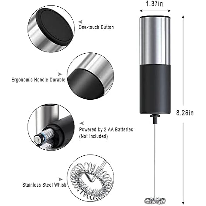 FITTO Milk Frother For Coffee Battery Powered Handheld Stainless Steel Electric Whisk Beater Mini Foamer For Frappe Cappuccino Hot Chocolate Lattes Egg - Image 2