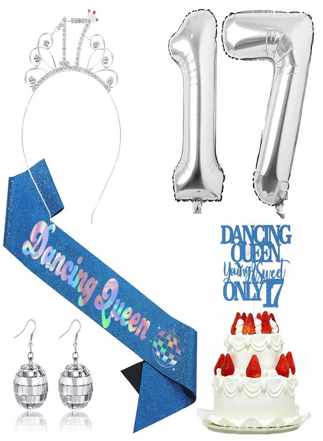 Ohmique Dancing Queen Party Decorations 17 - 17 Birthday Decorations for Girls, Birthday Party Decorations Accessories with 17 Queen Crown, Dancing Queen Sash, Dancing Queen Cake Topper. Earrings and Balloon - Image 1
