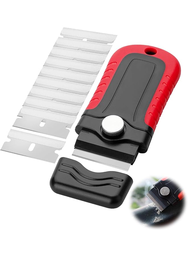 PROMASS promass Blade Scraper, promass Red Locking promass Scraper Set with 10 Stainless Steel Blades, Ideal for Glass, Paint Removal, and Debris Cleaning, Ergonomic Handle and Safety Cap  - Image 1