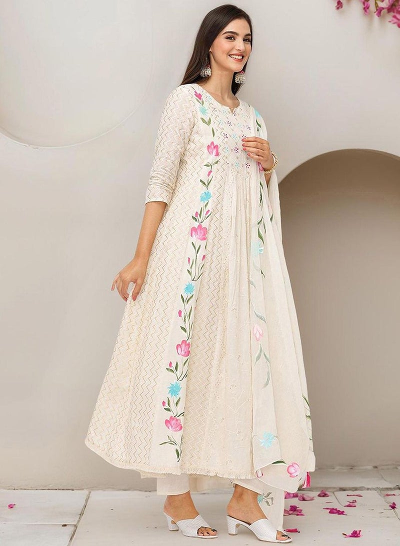 ISHIN WOMEN Off White Cotton Kurta Sets - 3pcs - Image 1