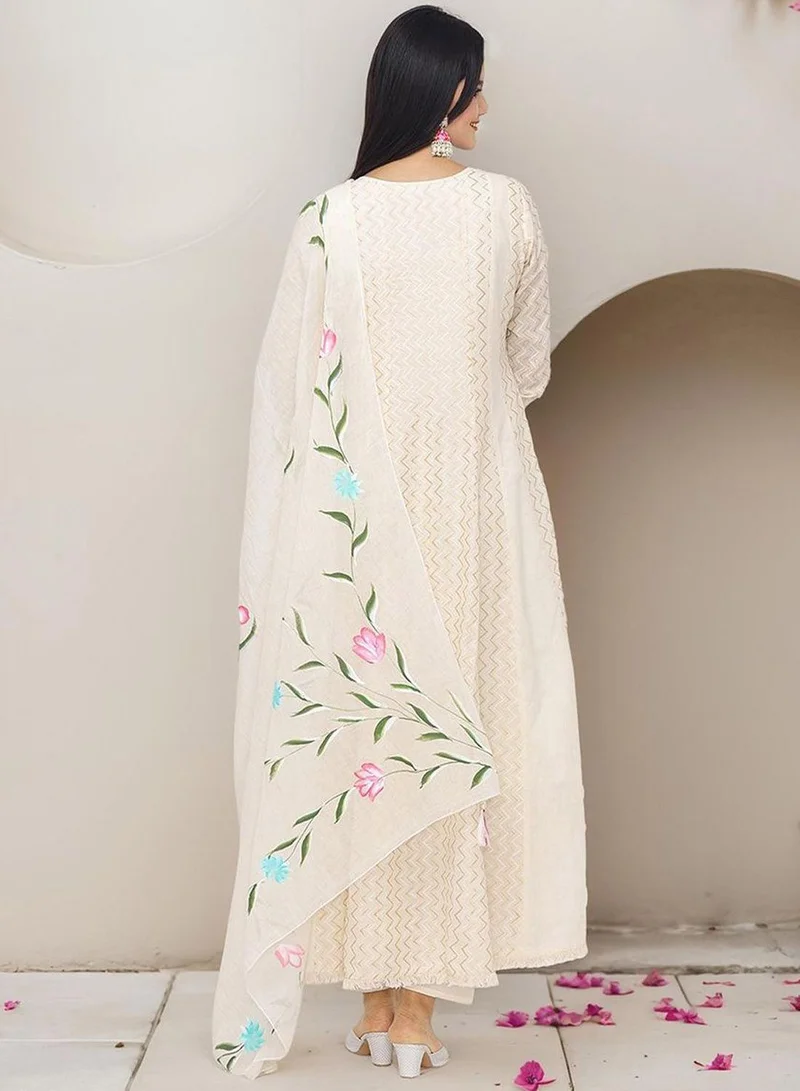 ISHIN  Women's Off White 100% Cotton Embellished Tunic Full Length Casual Straight Fit Kurta Set for Women | Best Price UAE