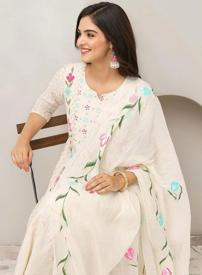 ISHIN WOMEN Off White Cotton Kurta Sets - 3pcs