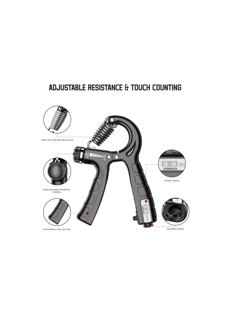 VIO Hand Grip Strengthener with Counter Grip Strength Trainer Forearm and Hand Exerciser for Muscle Building and Injury Recovery Intensity Resistance Adjustable 5 to 60 KG 11 to 132 LBS Black Grey - Image 2