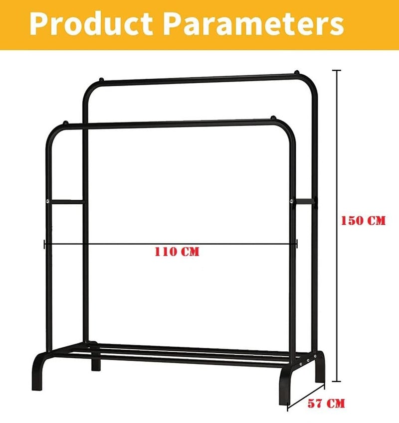 BucketList Metal Garment Rack with 1 Bottom Shelf MultiPurpose Coat Organizer Stand Double Rod Clothes Hanging Stand BLACK - Image 2