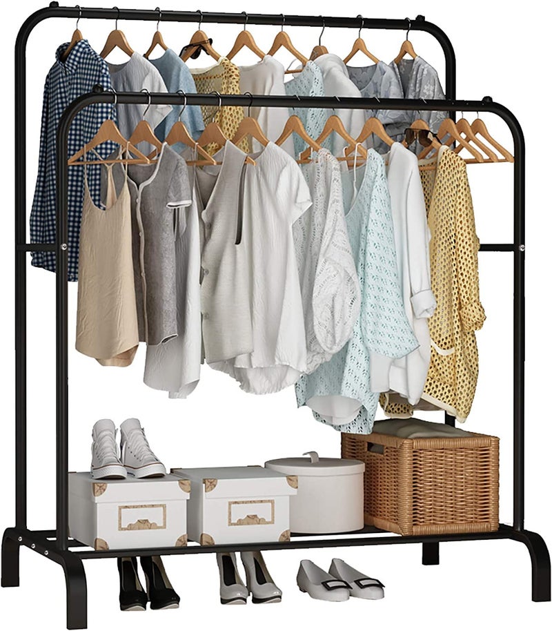 BucketList Metal Garment Rack with 1 Bottom Shelf MultiPurpose Coat Organizer Stand Double Rod Clothes Hanging Stand BLACK - Image 1