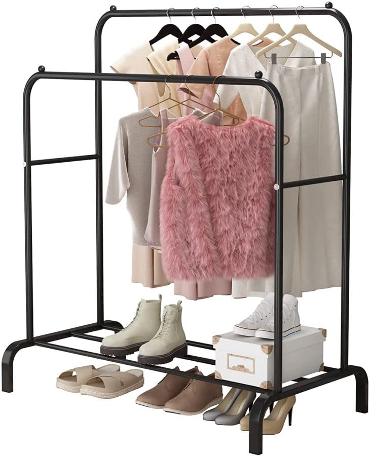 BucketList Metal Garment Rack with 1 Bottom Shelf MultiPurpose Coat Organizer Stand Double Rod Clothes Hanging Stand BLACK - Image 5