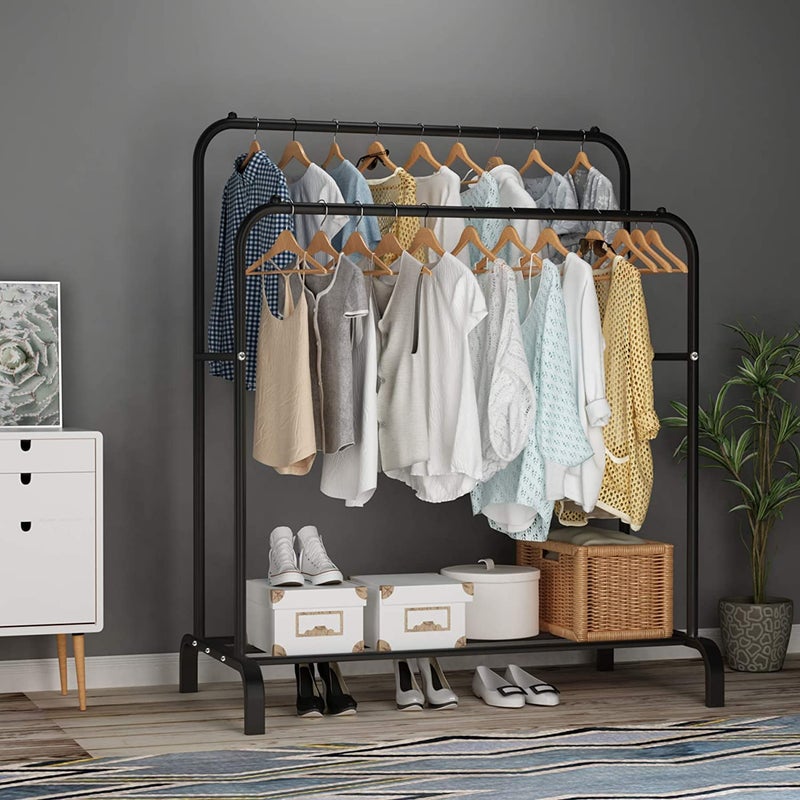 BucketList Metal Garment Rack with 1 Bottom Shelf MultiPurpose Coat Organizer Stand Double Rod Clothes Hanging Stand BLACK - Image 4