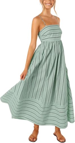 yoeasy Women's Striped Spaghetti Strap Cutout Maxi Dress Sleeveless Backless Flowy Swing Long Dress (Large, Green) - Image 1