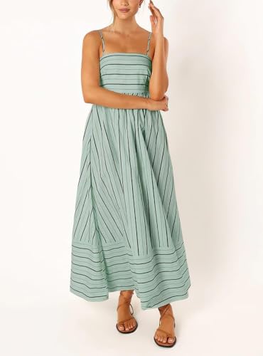 yoeasy Women's Striped Spaghetti Strap Cutout Maxi Dress Sleeveless Backless Flowy Swing Long Dress (Large, Green) - Image 2