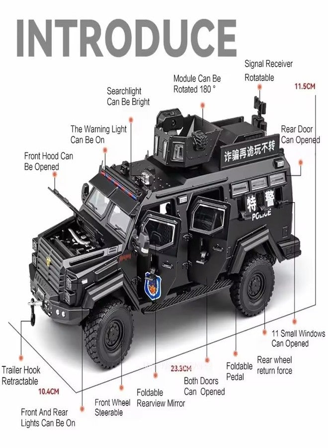 Invite Enterprise 1:24 Armored Police Car with Tooth Tiger Explosion Proof Die-Cast Model Metal Pull-Back Car with Lights & Sounds with 4 Opening Doors Kids' Best Showpiece Toy Car (1:24 Armored Police-Black Color) - Image 2