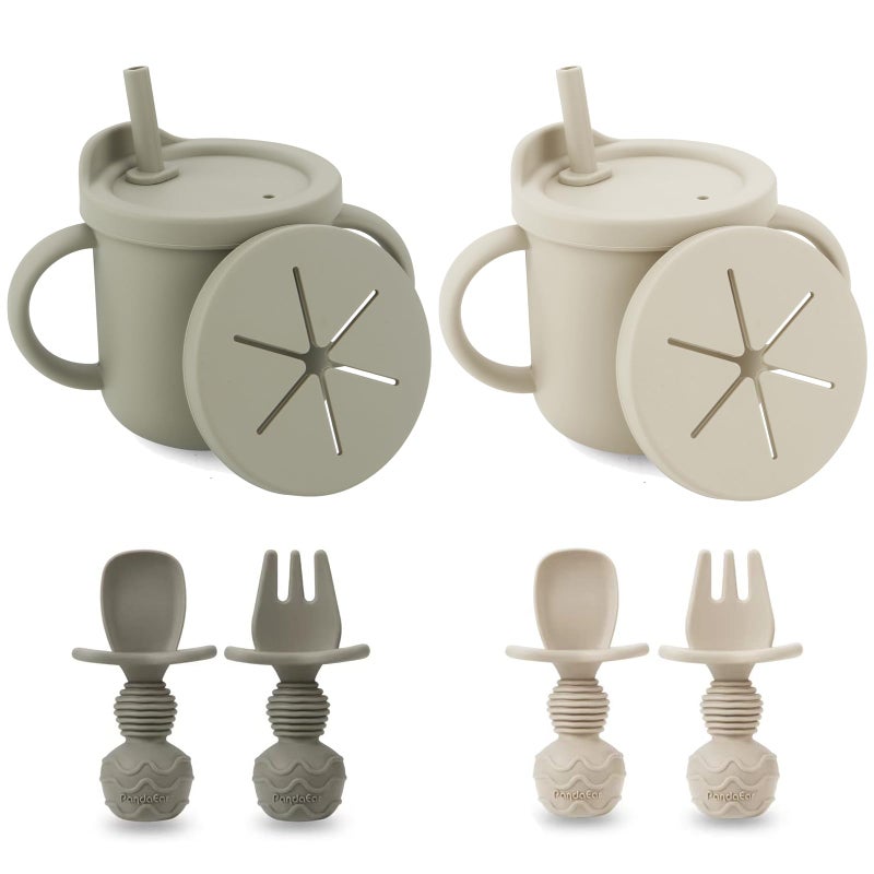 PandaEar 2 Pack Silicone Baby Straw & Snack Cup with 2 Spoons 2 Forks, Dual-Purpose Toddler Training Cups, Light Tan/Walnut - Image 1