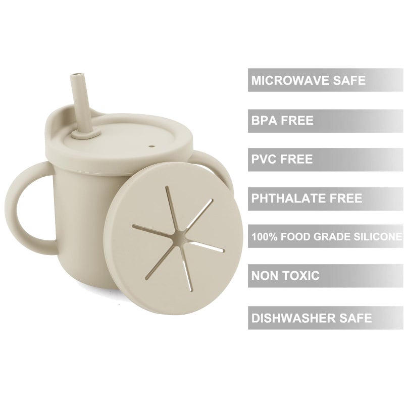 PandaEar 2 Pack Silicone Baby Straw & Snack Cup with 2 Spoons 2 Forks, Dual-Purpose Toddler Training Cups, Light Tan/Walnut - Image 4