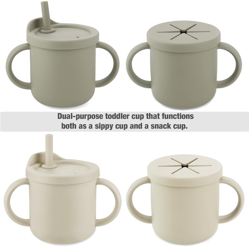 PandaEar 2 Pack Silicone Baby Straw & Snack Cup with 2 Spoons 2 Forks, Dual-Purpose Toddler Training Cups, Light Tan/Walnut - Image 2