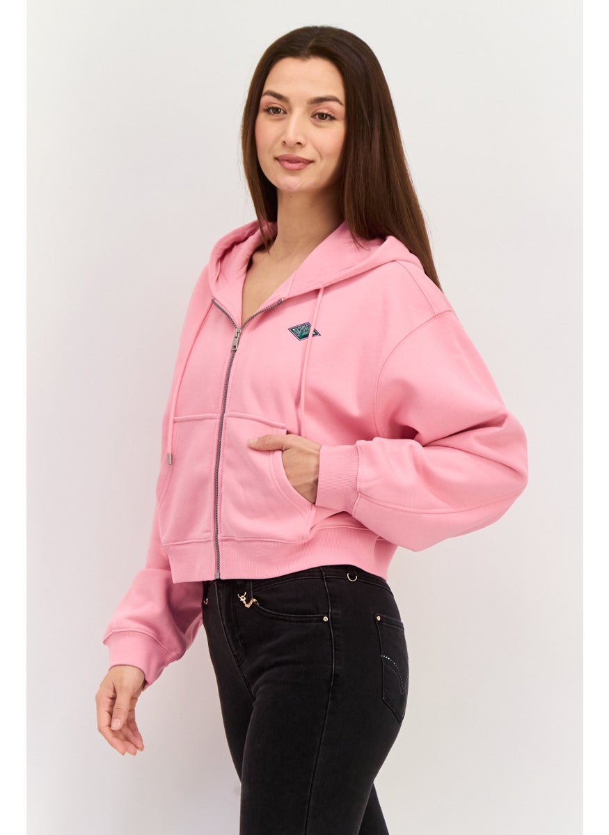 ESPRIT - Women Hooded Embroidered Logo Long Sleeves Sweatshirt, Pink - Image 1