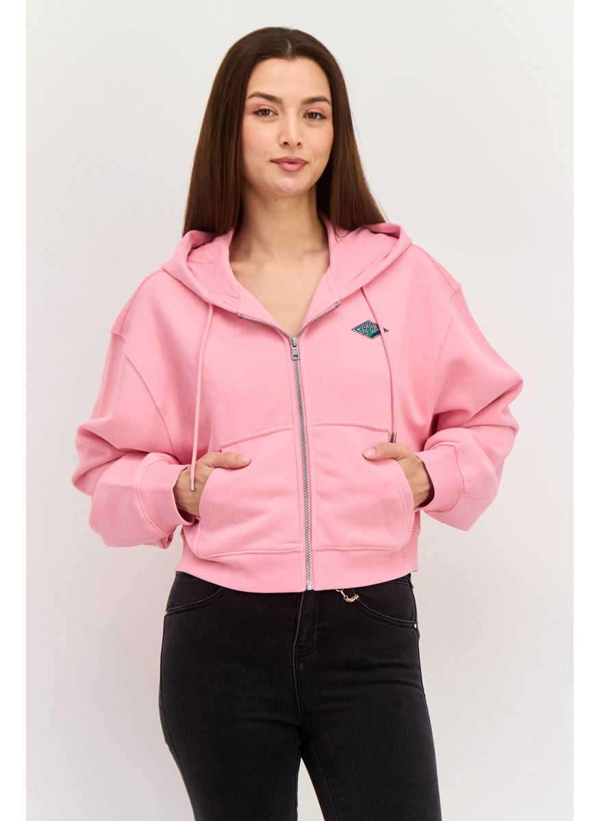 ESPRIT - Women Hooded Embroidered Logo Long Sleeves Sweatshirt, Pink - Image 1