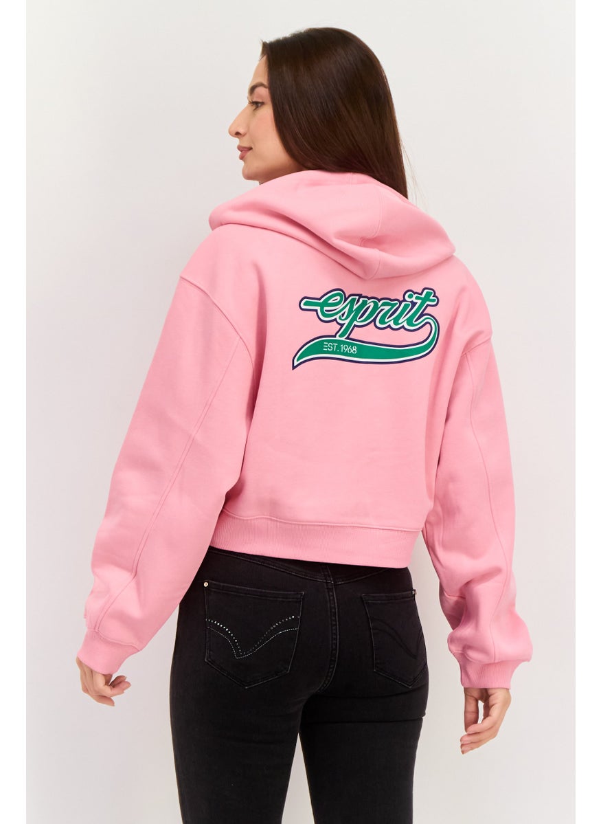 ESPRIT - Women Hooded Embroidered Logo Long Sleeves Sweatshirt, Pink - Image 1