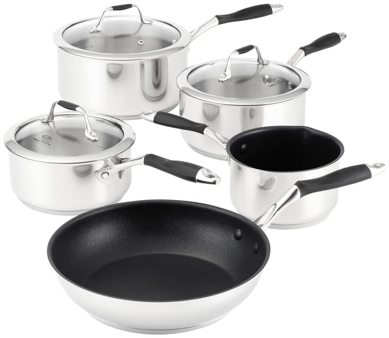 Stellar James Martin Set of 5 Stainless Steel Pans 20cm 18cm 16cm Saucepans with Lids 14cm Milk Pan 24cm NonStick Frying Pan Induction Ready Oven Safe Dishwasher Safe
