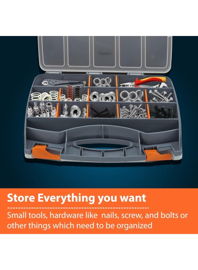 Plastic Storage Tool Box Organizer with Handle and Clear Lid – 15 Adjustable Compartments & 2 Fixed Sections for Screws, Nails, Nuts, Bolts - Image 2