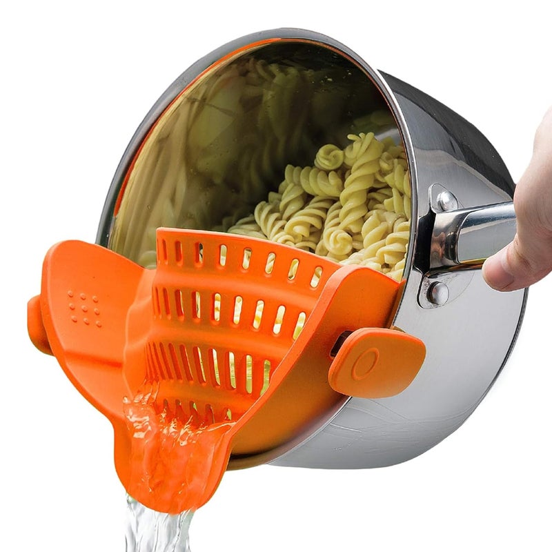 Kitchen Gizmo Snap N Strain Clip On Strainer for Pots and Pans - Adjustable Silicone Colander for Kitchen - Compact Clip-On Food Strainer for Draining Pasta and Vegetables - Orange - Image 1