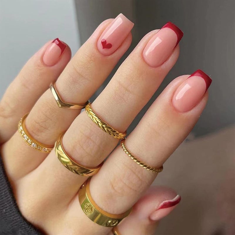 24pcs Short Square False Nails French Red Tip Press on Nails Red Heart Stick on Nail Removable Glueon Acrylic Full Cover Fake Nail Art Accessories for Women Girls