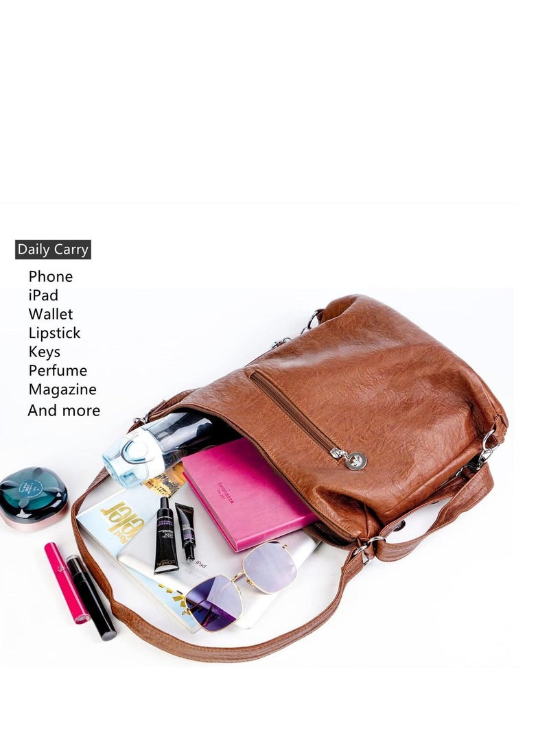 Women Hobo Handbags Soft Washed Leather Tote Shoulder Bag Multifunctional Messenger for Daily Commute Work Casual Outfits - Image 3