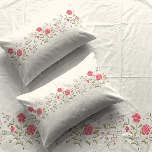 Urban Space Serene 100% Cotton King Fitted Size Bedsheet, 200 TC Super Soft Elastic bedsheets for King Size Bed, Floral Design King bedsheet with Two Pillow Covers (72 x 78 Inches, Poppy Bloom) - Image 3
