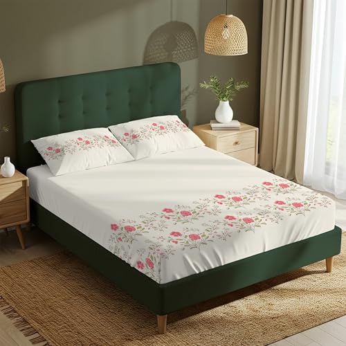 Urban Space Serene 100% Cotton King Fitted Size Bedsheet, 200 TC Super Soft Elastic bedsheets for King Size Bed, Floral Design King bedsheet with Two Pillow Covers (72 x 78 Inches, Poppy Bloom) - Image 1